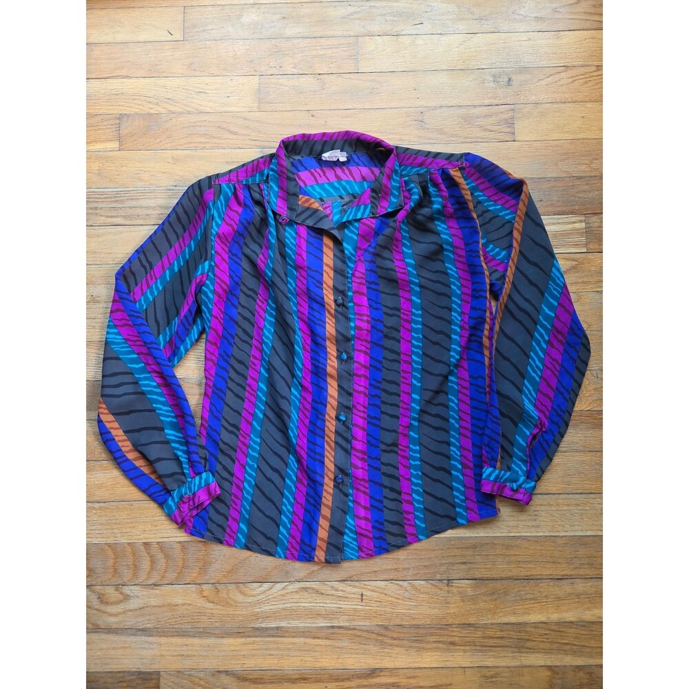 Vintage Upper Class Striped Button Down Blouse Women's Long Sleeve 80s
